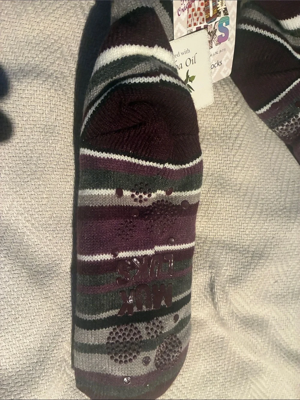 Muk Luks Plush-Lined Striped Cabin Socks - Purple, Gray, White